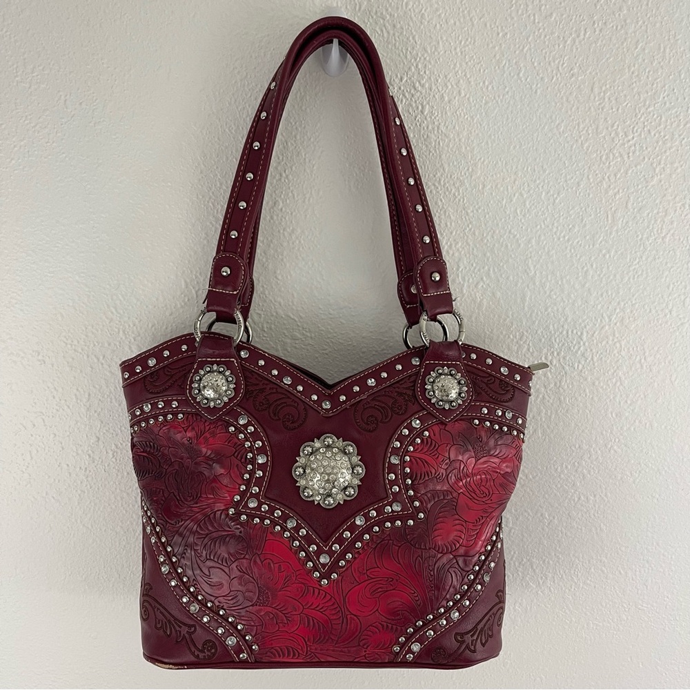 AMERICAN BLING Y2K Red Burgundy Faux Tooled Leather Western Studded Shoulder Bag